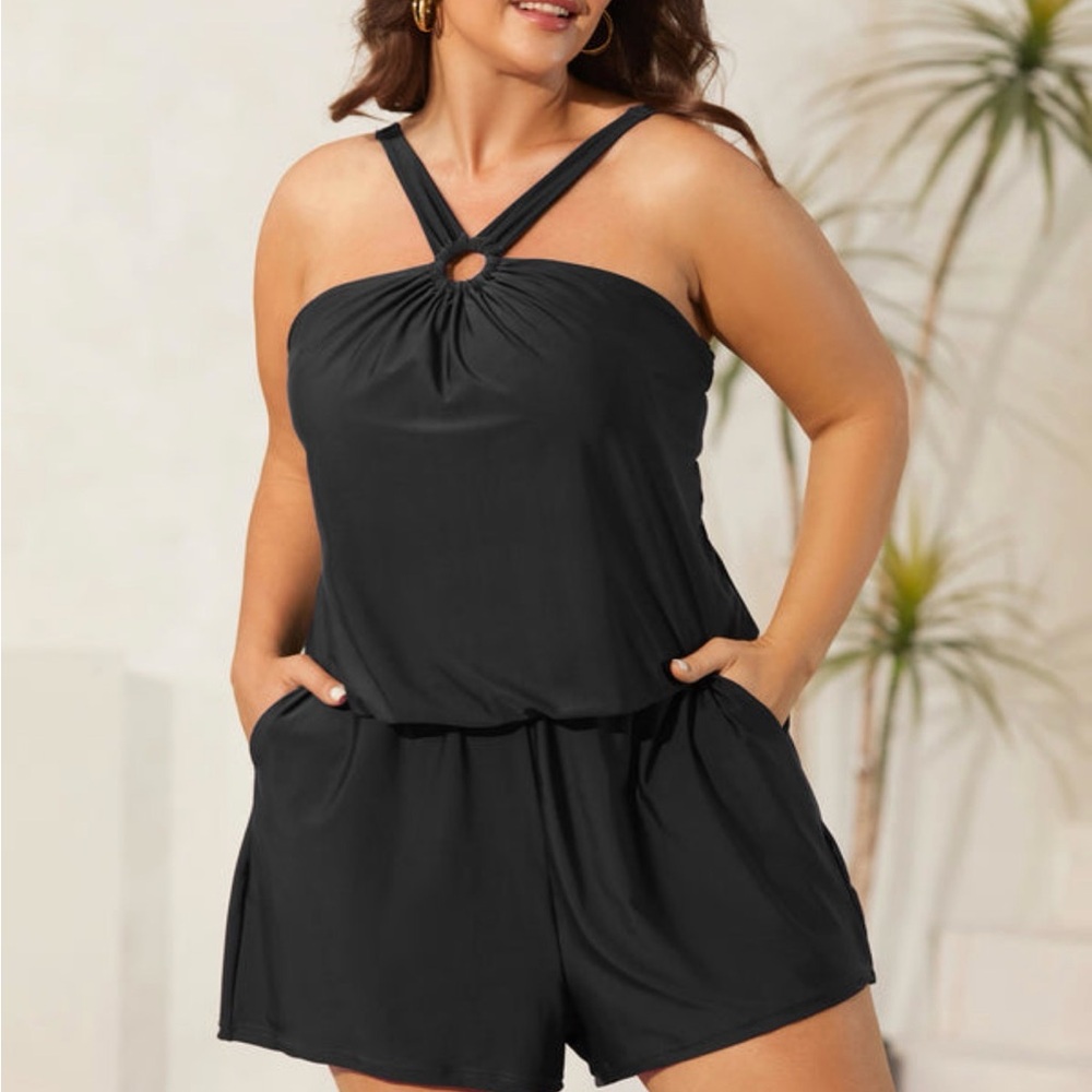 Black Halter Swim Romper